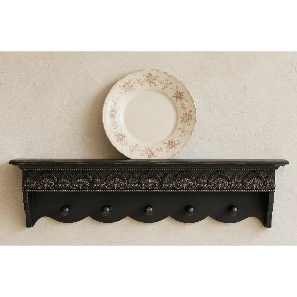 Wood Wall Shelf Black W/ Pegs (5) Plate Groove Distress Painted Finish 24